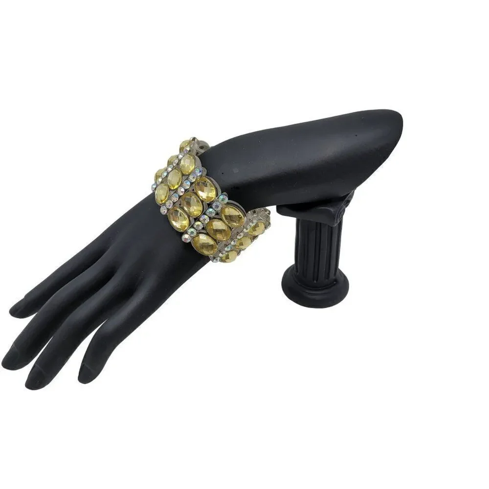 Wide Chunky Stretch‎ Bracelet Faux Yellow Citrine AB Rhinestone Plastic Glam
